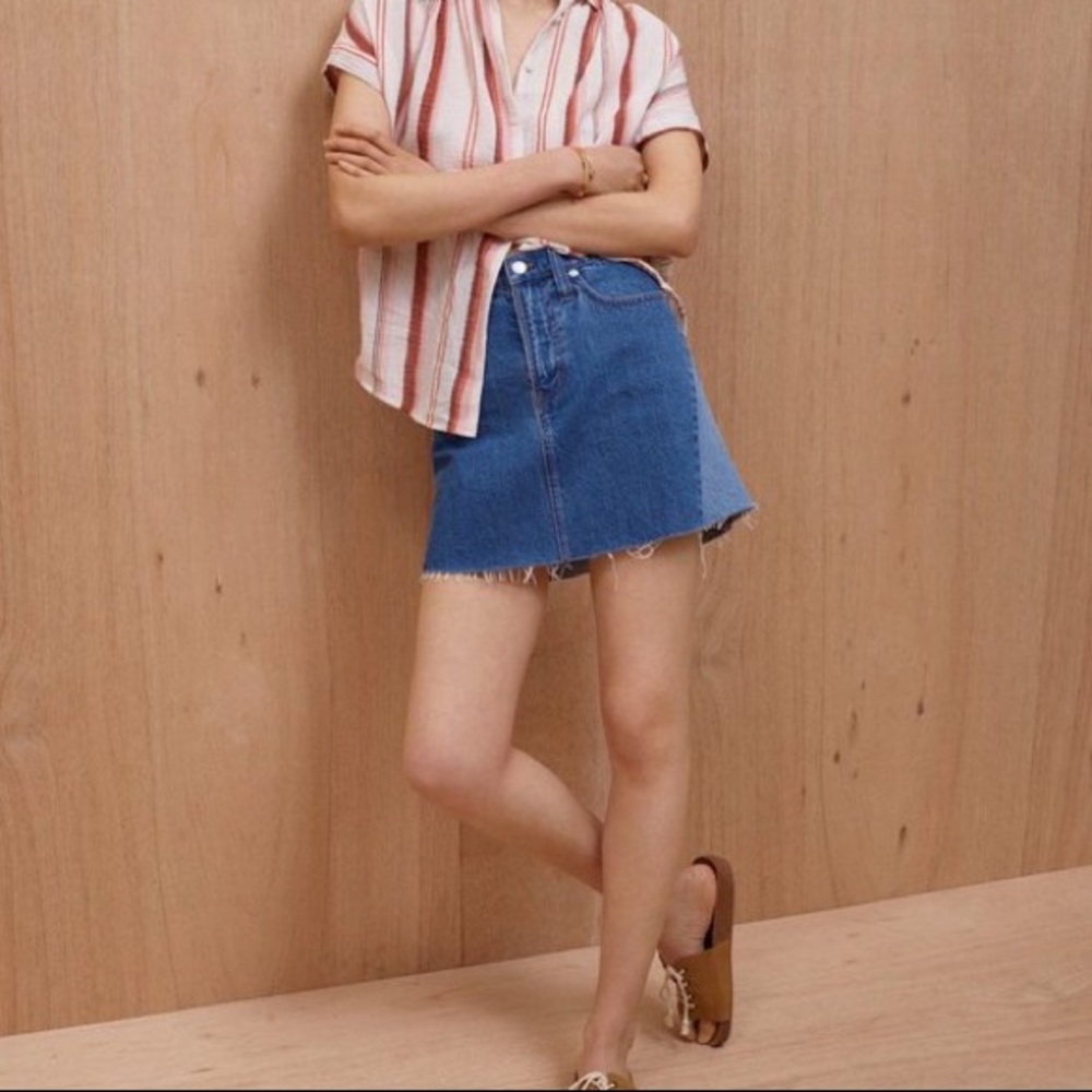 Madewell rigid denim A-line pieced mini skirt